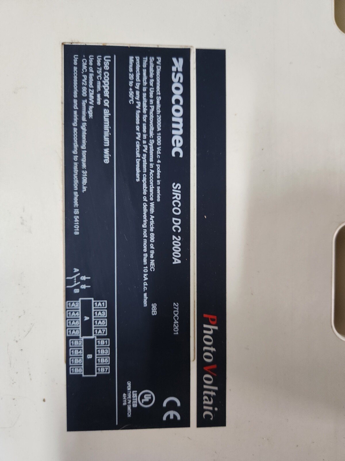 SOCOMEC SIRCO DC 2000A Disconnect Switch photovoltaic NEW 27DC4201